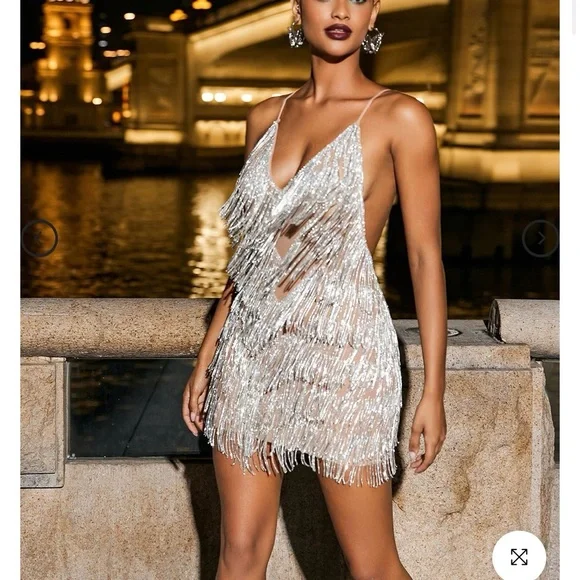 Silver Fringe Sequin Party Dress with Spaghetti Straps - Picture 5 of 5